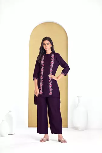 Purple cotton embroidered Co-ord set 