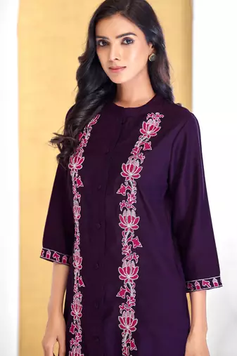 Purple cotton embroidered Co-ord set 