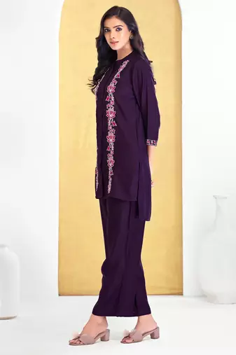 Purple cotton embroidered Co-ord set 
