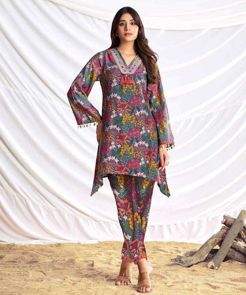 Blue cotton embroidered Co-ord set 