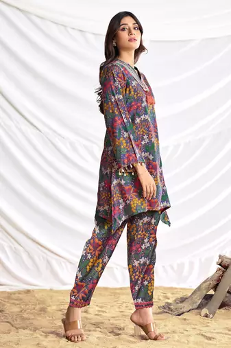 Blue cotton embroidered Co-ord set 