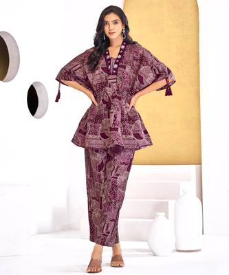 Wine chanderi silk embroidered Co-ord set  1