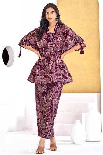 Wine chanderi silk embroidered Co-ord set 