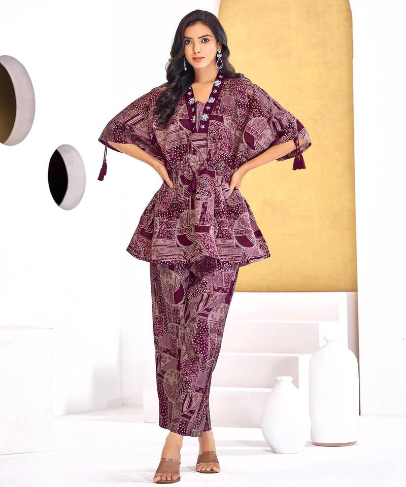 Wine chanderi silk embroidered Co-ord set 