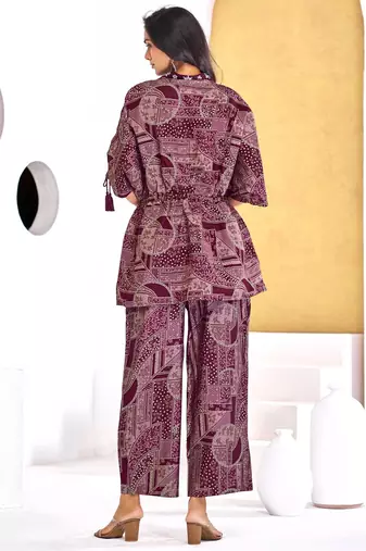 Wine chanderi silk embroidered Co-ord set 