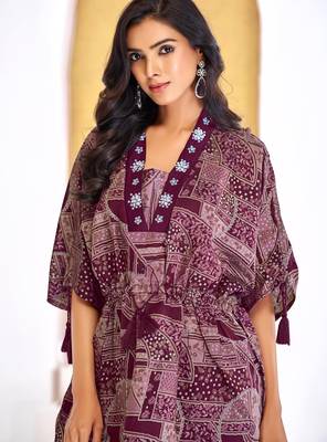 Wine chanderi silk embroidered Co-ord set  3