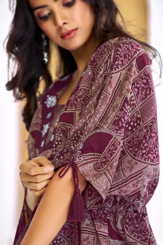 Wine chanderi silk embroidered Co-ord set 
