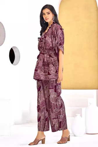 Wine chanderi silk embroidered Co-ord set 