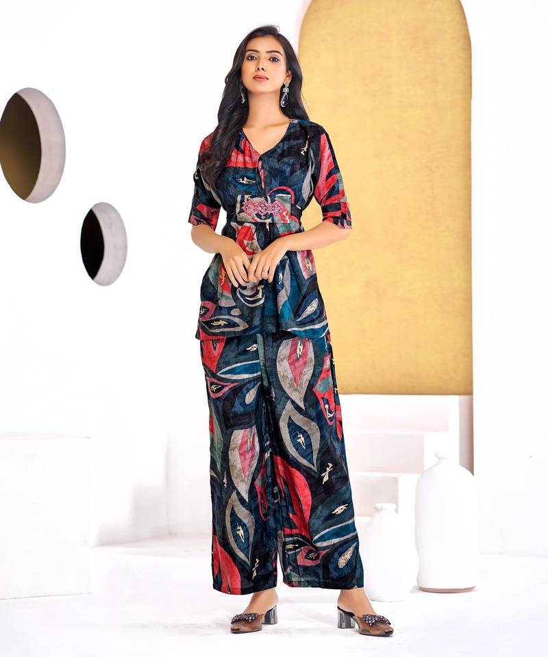 Blue chanderi silk embroidered Co-ord set 