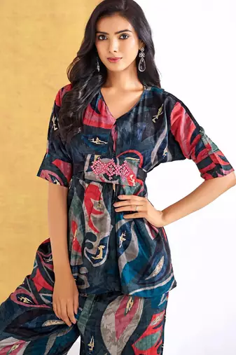 Blue chanderi silk embroidered Co-ord set 