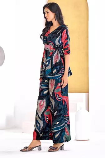 Blue chanderi silk embroidered Co-ord set 