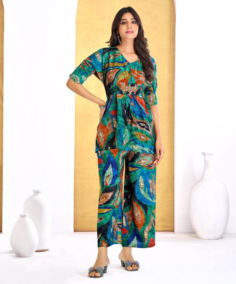 Green chanderi silk embroidered Co-ord set 
