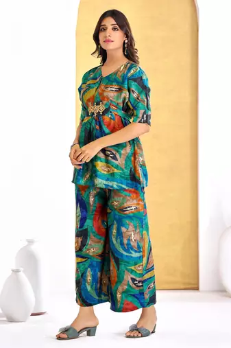 Green chanderi silk embroidered Co-ord set 