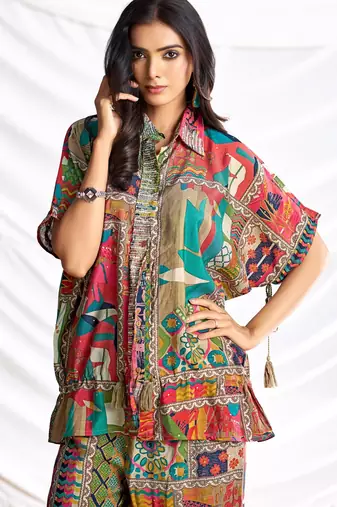 Beige cotton embroidered Co-ord set 