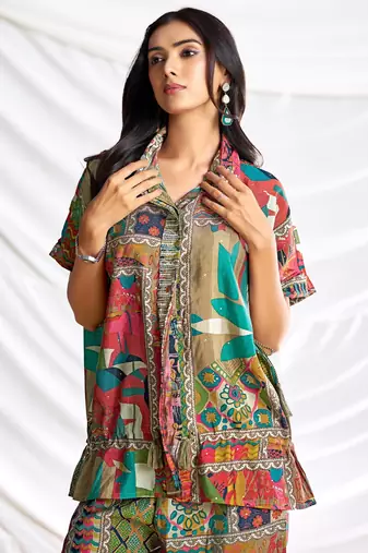 Beige cotton embroidered Co-ord set 