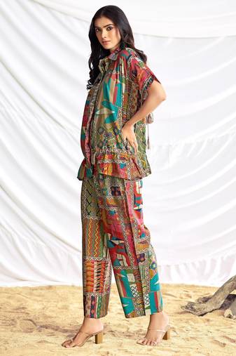 Beige cotton embroidered Co-ord set 