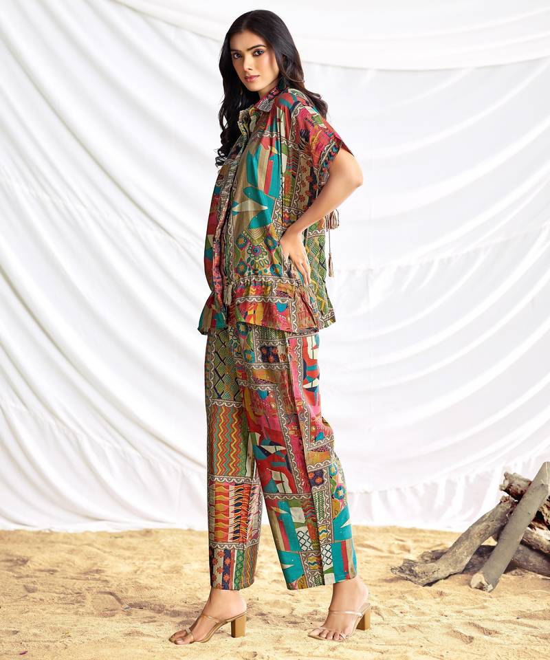 Beige cotton embroidered Co-ord set 