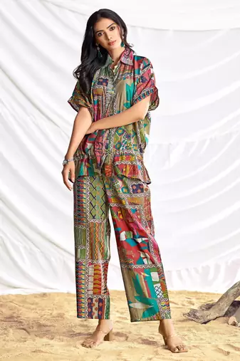Beige cotton embroidered Co-ord set 