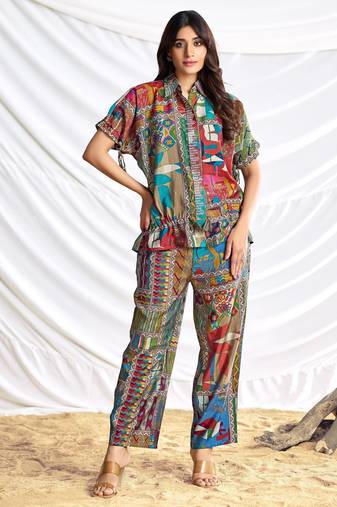 Brown cotton embroidered Co-ord set 