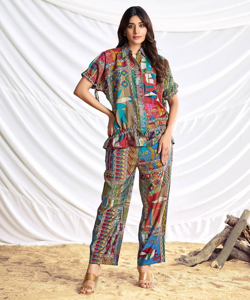 Brown cotton embroidered Co-ord set 