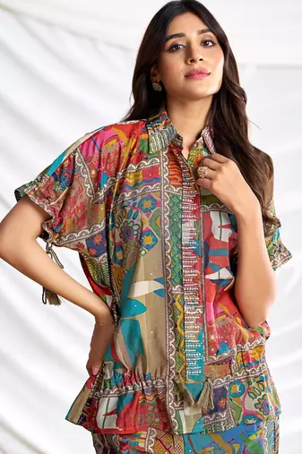 Brown cotton embroidered Co-ord set 