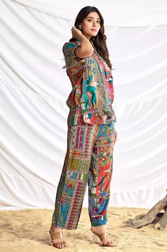 Brown cotton embroidered Co-ord set 