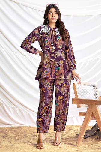 Purple cotton embroidered Co-ord set 