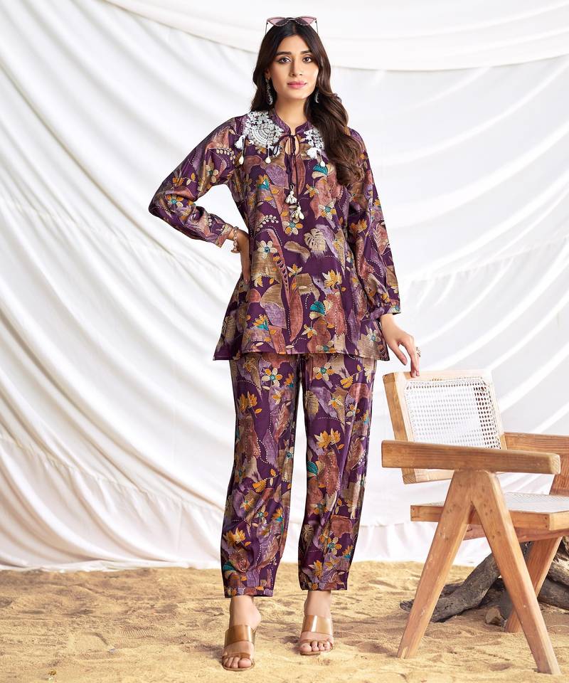 Purple cotton embroidered Co-ord set 
