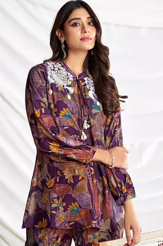 Purple cotton embroidered Co-ord set 