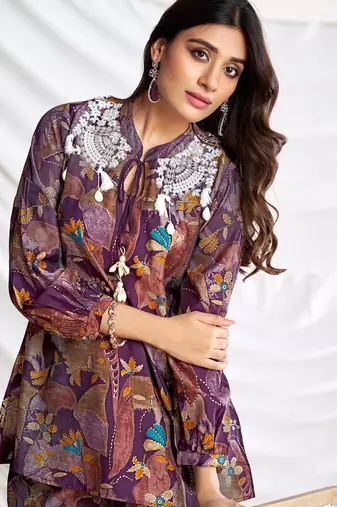 Purple cotton embroidered Co-ord set 