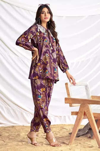 Purple cotton embroidered Co-ord set 
