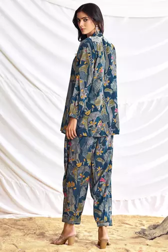 Teal cotton embroidered Co-ord set 