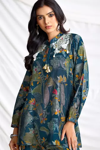 Teal cotton embroidered Co-ord set 