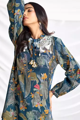 Teal cotton embroidered Co-ord set 