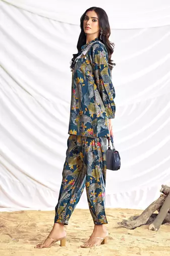 Teal cotton embroidered Co-ord set 