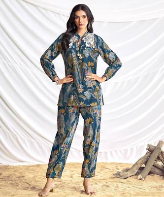 Teal cotton embroidered Co-ord set  1