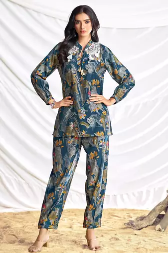 Teal cotton embroidered Co-ord set 