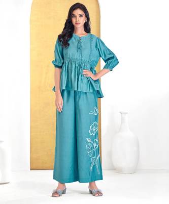 Blue silk embroidered Co-ord set  1