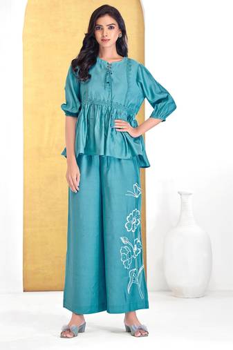 Blue silk embroidered Co-ord set 