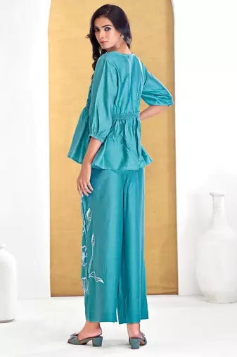 Blue silk embroidered Co-ord set 