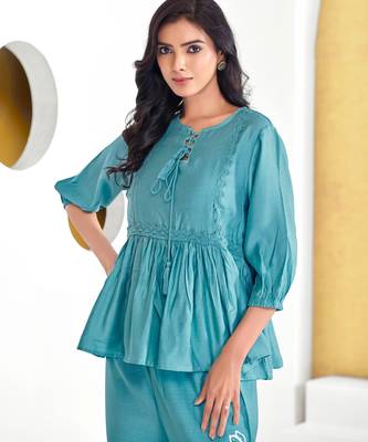 Blue silk embroidered Co-ord set  4