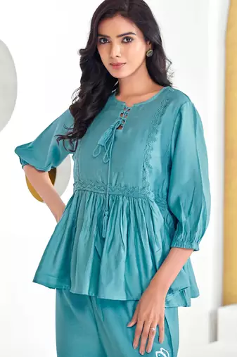 Blue silk embroidered Co-ord set 