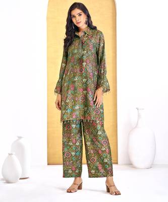 Olive chanderi silk embroidered Co-ord set  1