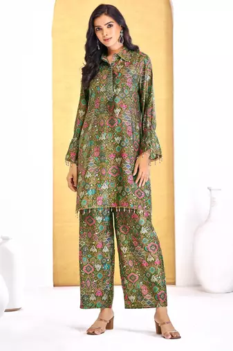Olive chanderi silk embroidered Co-ord set 