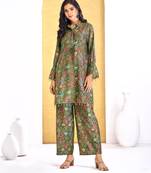 Olive chanderi silk embroidered Co-ord set 