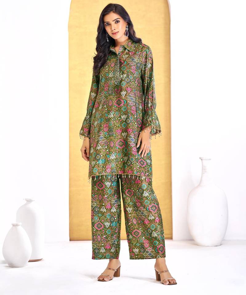Olive chanderi silk embroidered Co-ord set 