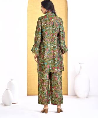 Olive chanderi silk embroidered Co-ord set  2
