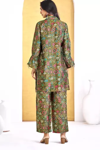 Olive chanderi silk embroidered Co-ord set 