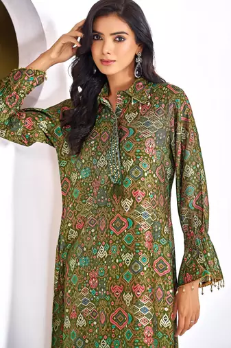Olive chanderi silk embroidered Co-ord set 