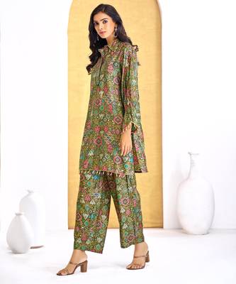 Olive chanderi silk embroidered Co-ord set  5